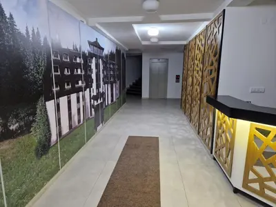 a hallway of a building with paintings on the walls at BelinaKop - Kopaonik Centar in Kopaonik