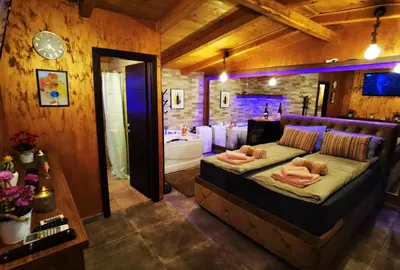 a bedroom with a large bed and a bathroom at Odmaraliste Kod Miće Apartman 3 in Krušar
