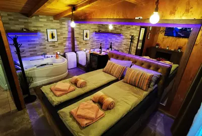 a bathroom with a large bed and a bath tub at Odmaraliste Kod Miće Apartman 3 in Krušar