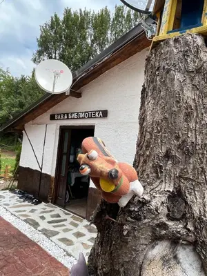 a toy head sticking out of the side of a tree at Vila Milica Poganovo in Poganovo