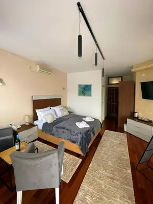 a bedroom with a bed and a table and a chair at Freya SPA Apartments in Niš