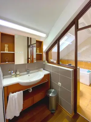 a bathroom with a sink and a mirror at Freya SPA Apartments in Niš