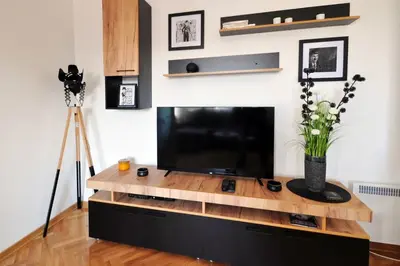 a large entertainment center with a flat screen tv at Apartman Chaplin in Vrnjačka Banja