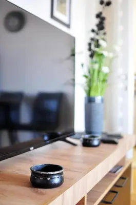 a wooden counter top with two black bowls on it at Apartman Chaplin in Vrnjačka Banja