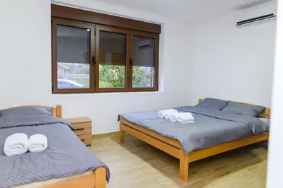 two beds in a room with two windows at Apartman Dina in Soko Banja