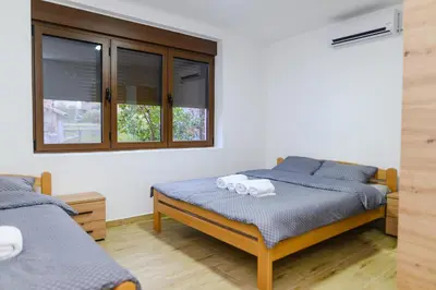 two beds in a room with two windows at Apartman Dina in Soko Banja