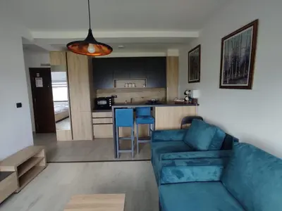 a living room with a blue couch and a kitchen at Apartman N99 Milmari Kopaonik in Kopaonik