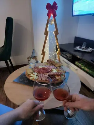 a table with two people holding glasses of wine at Aparmani Sorak Kopaonik, Studio Apartman A5 in Kopaonik