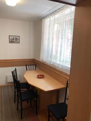 a dining room with a table and chairs and a window at BELE STAZE-Brzece,Kopaonik in Brzeće