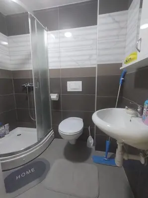 a bathroom with a shower and a toilet and a sink at Apartman Natura in Vrnjačka Banja