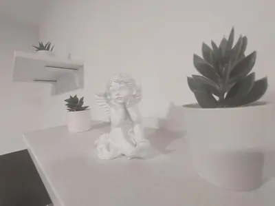 a white statue sitting on a table with plants at Apartman Natura in Vrnjačka Banja