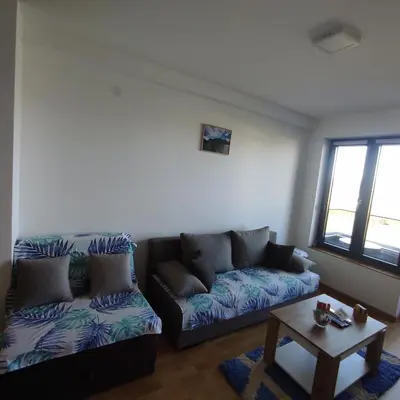 a living room with a couch and a coffee table at LaNe apartman Sokobanja in Soko Banja