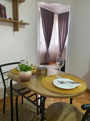 a table with a plate and a glass of wine at Apartman Kosta in Leskovac