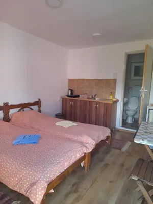 a bedroom with a bed and a table and a mirror at Stefanović - Studio 1 in Inovo