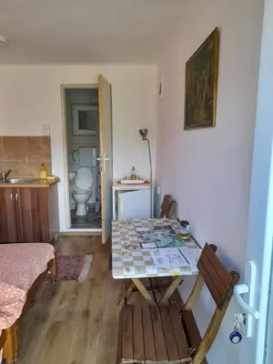 a room with a table and chairs and a bathroom at Stefanović - Studio 1 in Inovo
