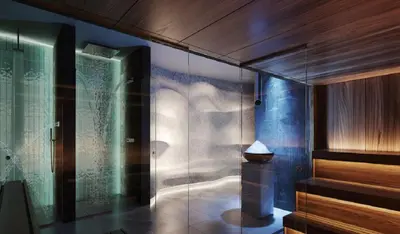 a bathroom with a shower with a glass wall at Apartman Kopaonik Woodside 106 in Kopaonik
