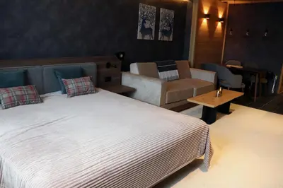 a bedroom with a large bed and a couch at Superior Woodside Residences & Spa Kopaonik in Kopaonik