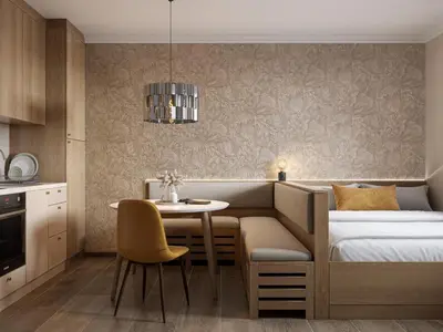 a hotel room with a bed and a table and a bed and a kitchen at Xenon Apartments in Kopaonik