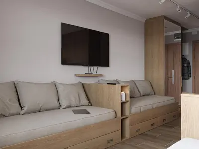 a living room with a couch and a flat screen tv at Xenon Apartments in Kopaonik