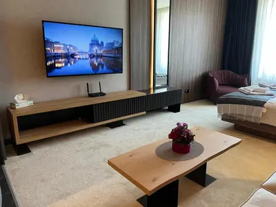 a living room with a flat screen tv on a wall at Woodside Kopaonik 416 in Kopaonik