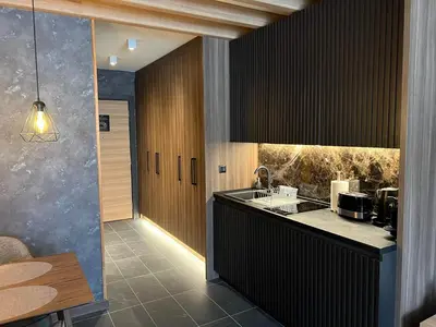 a kitchen with a sink and a counter top at Woodside Kopaonik 416 in Kopaonik