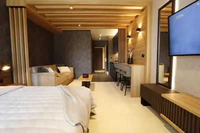 a hotel room with a bed and a living room at Woodside Kopaonik in Kopaonik