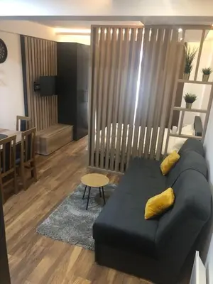 a living room with a black couch with yellow pillows at Kopaonik presidentKop apartman in Kopaonik