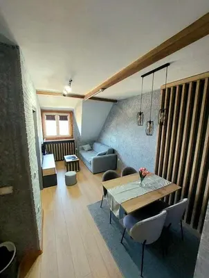 a living room with a table and a couch at VS Apartman , Hotel Župa Kopaonik in Kopaonik