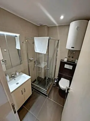 a bathroom with a shower and a toilet and a sink at VS Apartman , Hotel Župa Kopaonik in Kopaonik