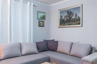 a couch in a living room with a painting on the wall at Petra Guest House in Pirot