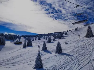 a ski lift with trees on a snow covered slope at Apartman Snezanka Kopaonik in Kopaonik