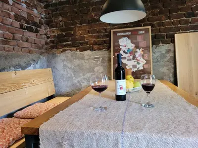 two glasses of red wine sitting on a table at Udahni prirodu in Raška