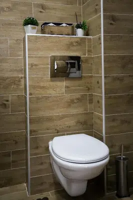 a bathroom with a toilet in a wooden wall at Apartman Marić Raj in Vrnjačka Banja