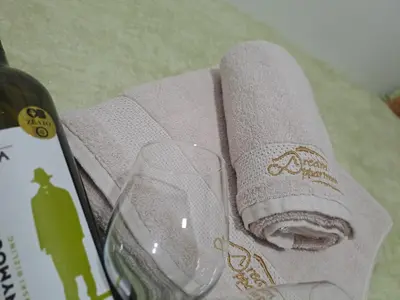 a napkin with a bottle of wine and a glass at Dream Apartment in Vrnjačka Banja