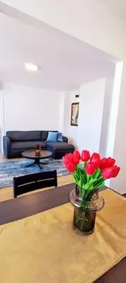 a vase of red flowers on a table in a living room at Tizza apartment - Modern flat above the city center in Niš