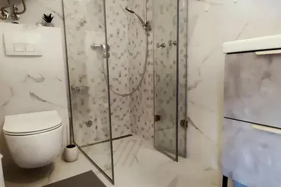 a bathroom with a shower and a toilet at Tizza apartment - Modern flat above the city center in Niš