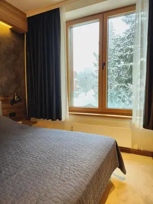 a bedroom with a bed and a large window at Kopaonik Woodside in Kopaonik