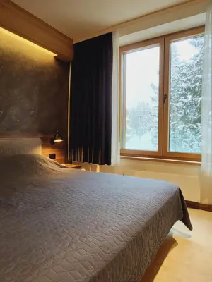 a bedroom with a large bed and a large window at Kopaonik Woodside in Kopaonik