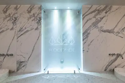a glass door in a bathroom with marble walls at KOPAONIK WOODSIDE 58,70 m2 FREE Parking in Kopaonik