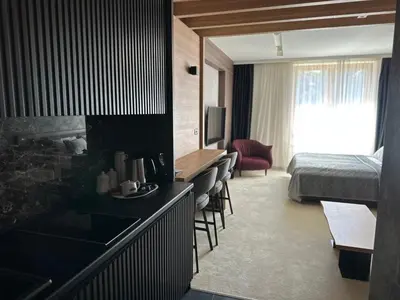 a hotel room with a sink and a bed at WOODSIDE Apartment M Kopaonik FREE Parking in Kopaonik