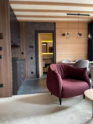 a living room with a purple couch and a kitchen at Woodside Apartment 431, Kopaonik - One separate bedroom 35m2- FREE Parking & SPA in Kopaonik