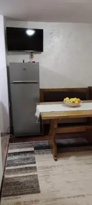 a kitchen with a table and a refrigerator at Sova Kopaonik in Kopaonik