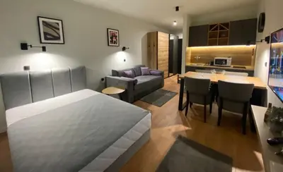 a living room with a bed and a dining room at Kopaonik Apart Bela Reka Brzece in Brzeće