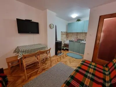a living room with a television and a kitchen at APARTMAN NA STAZI - Bela Reka, Kopaonik in Brzeće