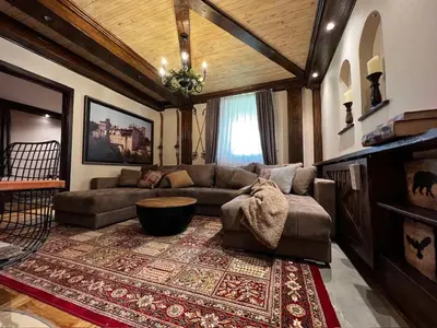 a living room with a couch and a fireplace at Winter magic centar in Kopaonik