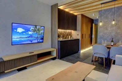 a living room with a television on a wall at Woodside Kopaonik 417-418 in Kopaonik