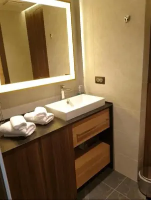 a bathroom with a sink and a mirror at Woodside Duplex Apartment Ski in Ski out with garage in Kopaonik
