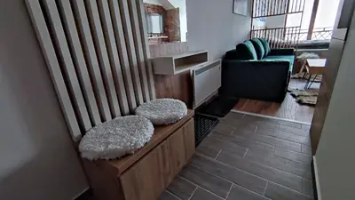 a living room with a large radiator and a chair at President Kop apartmani Vista & Sol in Kopaonik