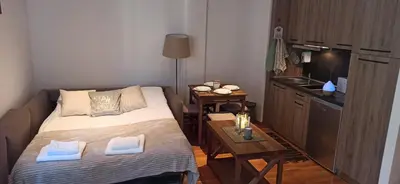 a small room with a bed and a small kitchen at Apartman Ema, Kopaonik, Brzeće - BLIZU GONDOLE in Brzeće