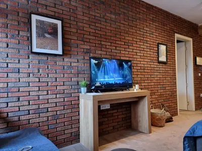 a tv sitting on a table next to a brick wall at BB Apartment 301, Župa Apartments in Kopaonik